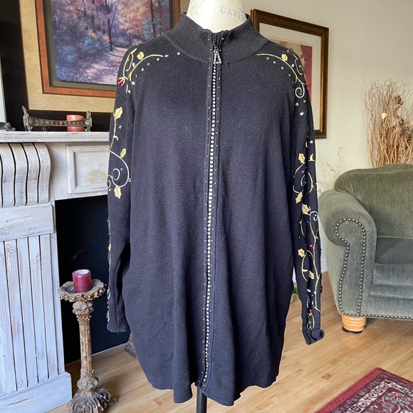 CHRISTMAS HOLLY QUACKER FACTORY Blingy Black Gold Sweater Zipper Jacket Sz 3X - Picture 3 of 8